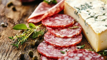 Obraz premium Gourmet Charcuterie Platter: Artisan Cheese, Cured Meats, and Refreshing Herbs for the Ultimate Appetizer Experience