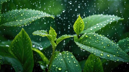 Fototapeta premium Close-up of green leaves with water droplets during rainfall, natural background with blurred greenery, Copy Space