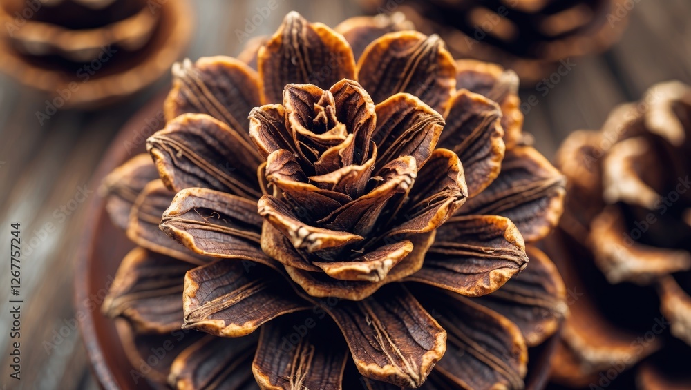 Aufkleber close-up of a brown pine cone with intricate details placed on a wooden background with soft focus o