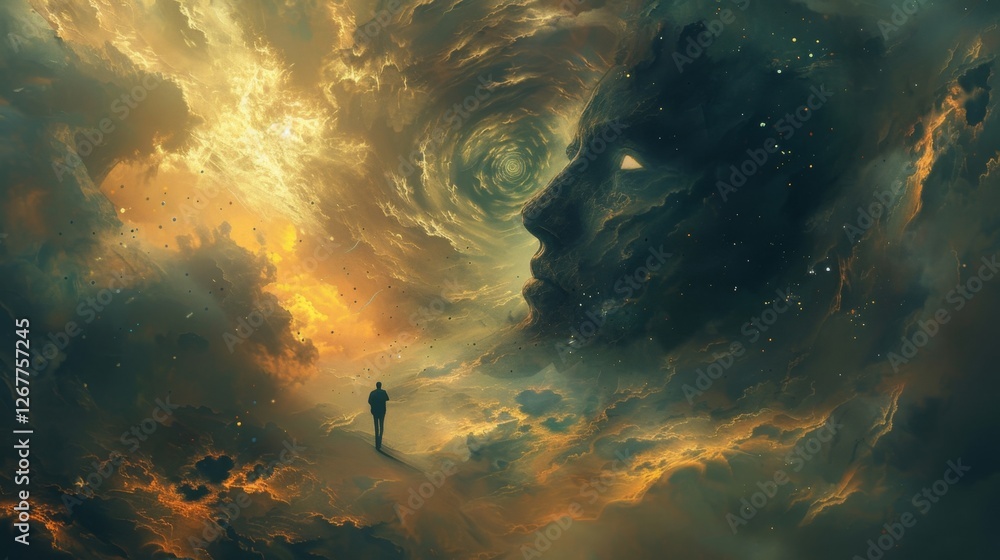 Poster exploring the connection between humanity and the cosmos during a surreal evening sky with swirling 