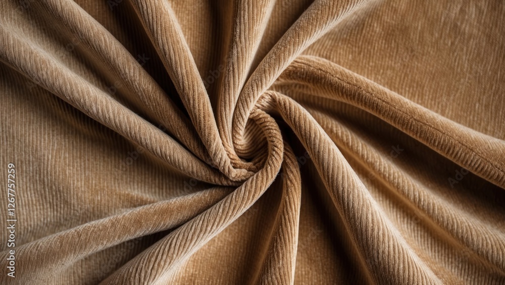 Poster brown velvet fabric swirl texture background with soft pleats and visible ribbing pattern copy space