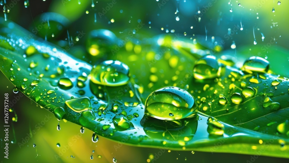 Aufkleber close-up of green leaf with water droplets and soft blurred background with copy space for text
