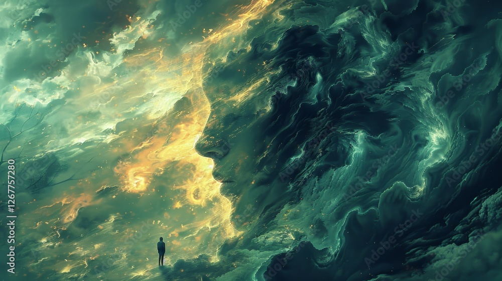 Aufkleber mysterious figure emerges from tumultuous clouds at twilight, symbolizing the connection between nat