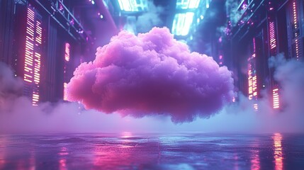 Pink cloud floats in neon server room, futuristic data center