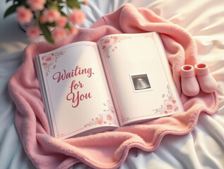  cozy scene with an open baby journal displaying the words "Waiting for You," accompanied by an ultrasound photo, tiny pink booties, and a soft blanket