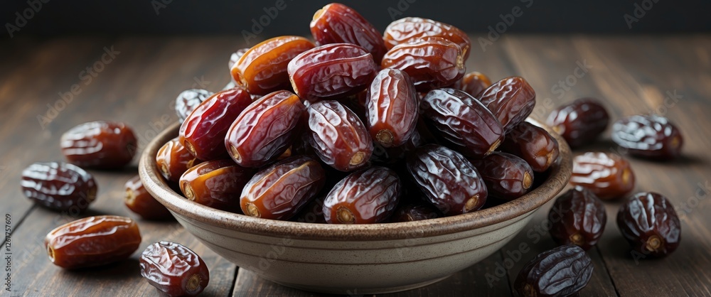 Poster fresh medjool dates in a ceramic bowl on a wooden table with some scattered dates around, dark backg