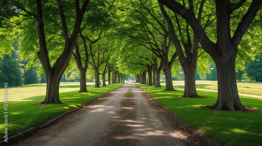 Aufkleber tree-lined pathway with lush green foliage on both sides and soft sunlight creating dappled shadows 