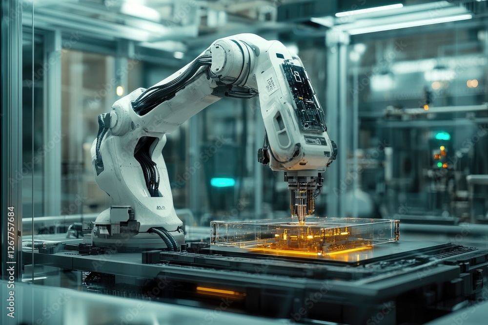 Leinwandbilder robotic arm working on microchip production line in modern factory