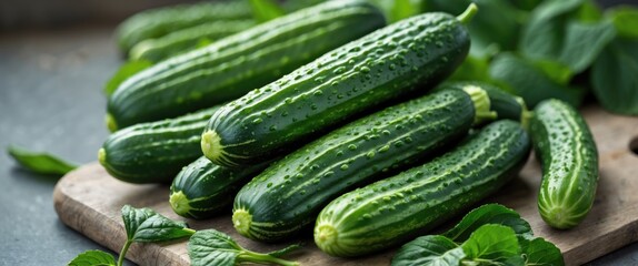 Fresh ripe cucumbers arranged on a wooden cutting board with green leaves in the background Copy Space