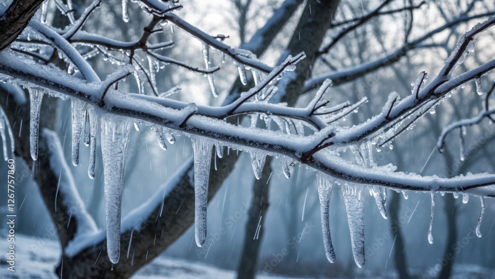 Aufkleber icicles hanging from a snowy tree branch in a winter landscape with blurred trees in the background 