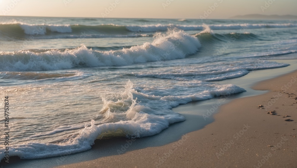 Sticker Waves crashing onto a sandy beach at sunset with gentle foam and a calm ocean in the background Copy Space