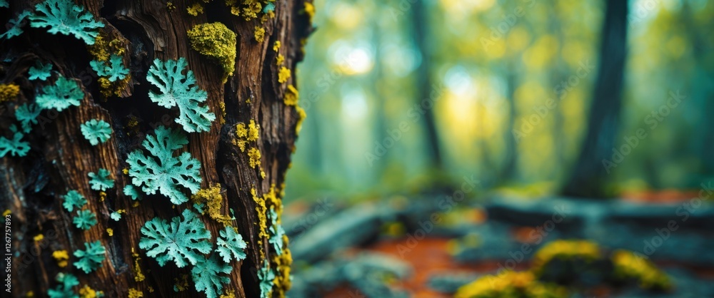 Poster close-up of lichens and moss on a tree trunk in a misty forest with blurred background and natural l