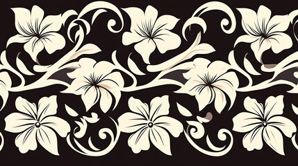 Elegant Floral Seamless Pattern with Curlicues and Blossoms on a Dark Brown Background Design