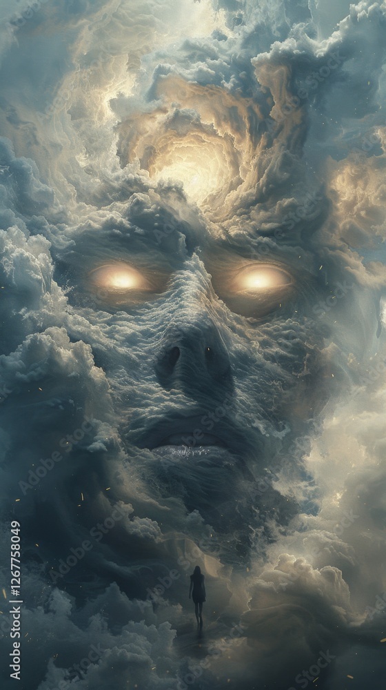 Poster mysterious figure emerges from swirling clouds at twilight, captivating the viewer with glowing eyes