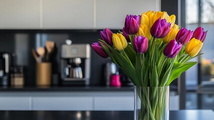 Colorful bouquet of tulips in a modern kitchen setting creating a vibrant atmosphere
