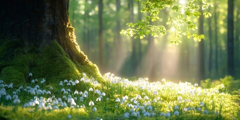 Beautiful spring forest with sunbeams illuminating white flowers and mossy tree
