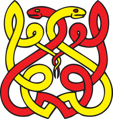 Due serpenti uno rosso e uno giallo che si intrecciano