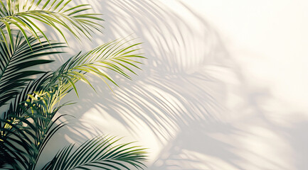 Obraz premium A close-up of palm leaves casting shadows on a light wall, creating a serene atmosphere.