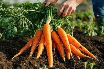 Freshly harvested organic carrots with vibrant green tops being held over a rich, fertile garden soil in a sustainable agricultural setting, ready to sell.