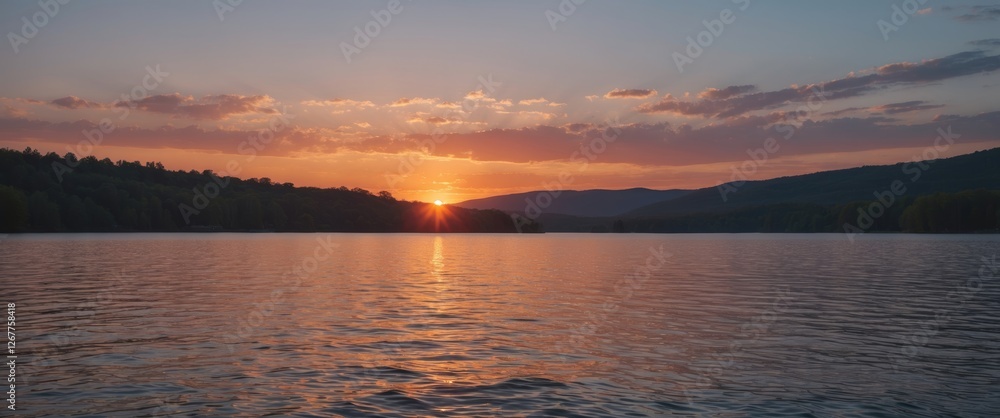 Sticker Sunset over a tranquil lake with silhouettes of hills and colorful sky reflected in the water at dawn Copy Space