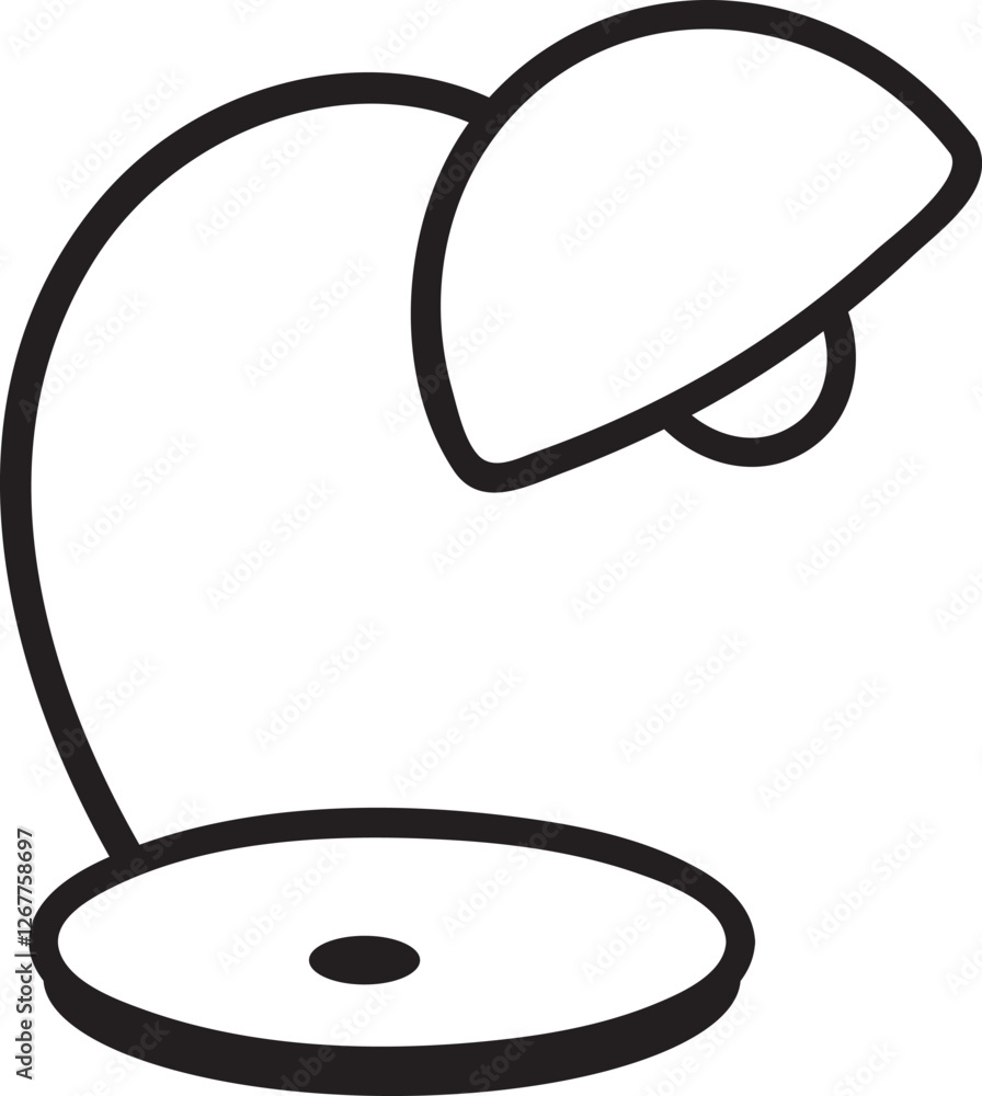 Poster minimalist line art depicting a stylish desk lamp with a curved arm and circular base, emitting a fo
