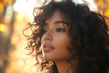 Beautiful model with curly hair posing in autumn scenery at sunset