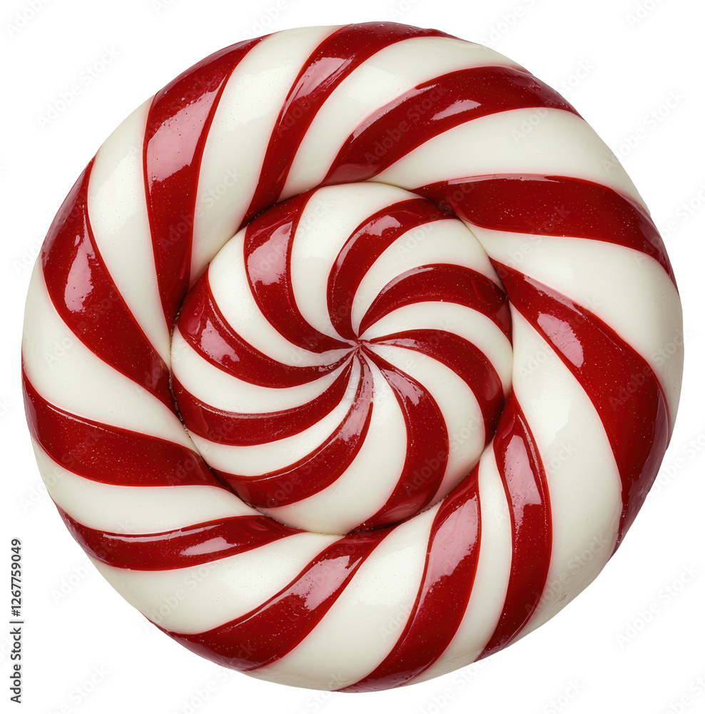 Poster vibrant red and white swirl lollipop candy with a shiny spiral pattern on transparent