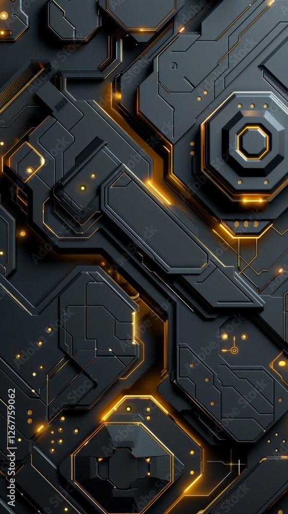 Poster intricate black and gold digital circuit design with geometric shapes and glowing elements