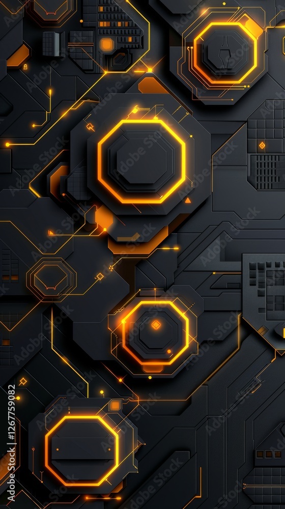 Poster complex network of orange and black hexagons with glowing circuitry on a technological background