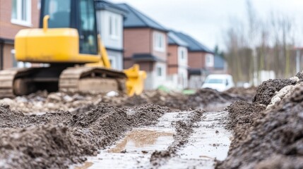 <Construction Excavation with Heavy Machinery at Residential Site | Earthmoving and Dirt Road Development>