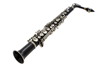 Sleek black clarinet with silver keys and a polished finish isolated on transparent background