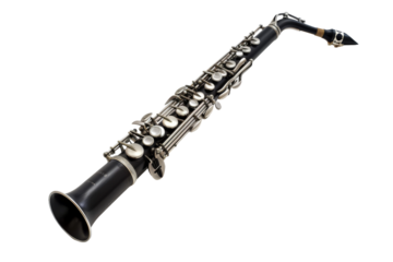 Sleek black clarinet with silver keys and a polished finish isolated on transparent background