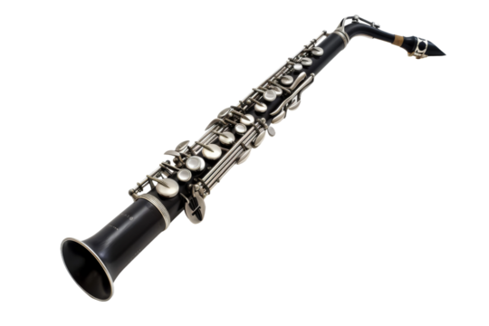 Sleek black clarinet with silver keys and a polished finish isolated on transparent background
