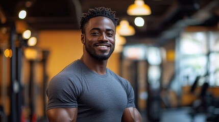 Obraz premium A smiling man in a vibrant workout outfit stands confidently in a brightly lit gym, surrounded by modern fitness equipment