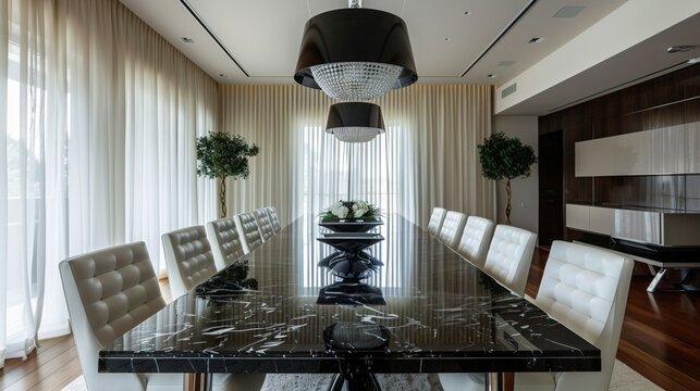 Elegant dining room background with white leather chairs, modern crystal chandelier, and soft curtains