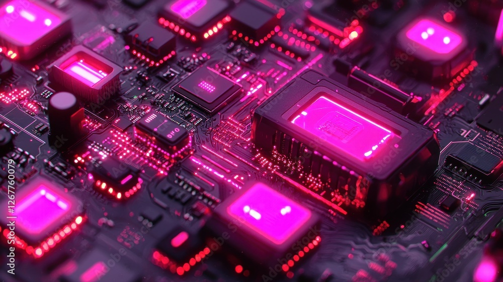 Poster pink illuminated circuit board, glowing components, tech background, data processing, futuristic des