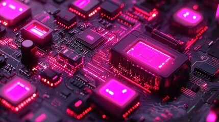 Pink illuminated circuit board, glowing components, tech background, data processing, futuristic design