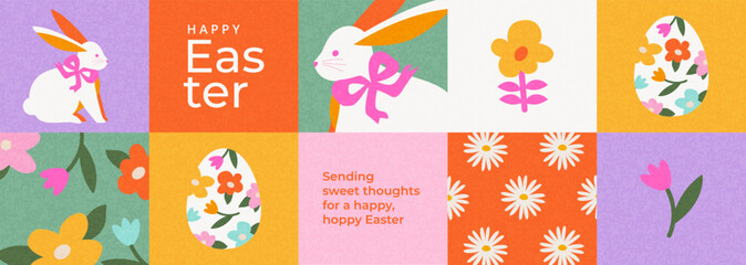 Happy Easter greeting card, horizontal poster, holiday cover or web banner design template with seamless border made of spring flowers, Easter eggs and Easter bunny. Trendy and cute flat style vector.