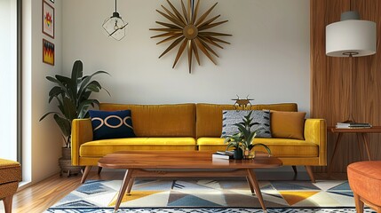 Mid-century modern living room background with yellow sofa, wooden table, and geometric rug