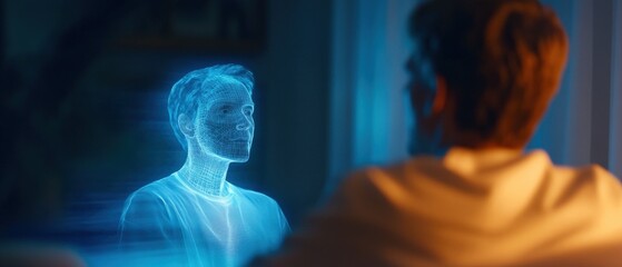 man talking to hologram