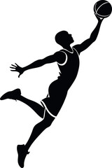 Minimalistic black silhouette of a basketball player in action, dribbling or dunking, dynamic sports motion, athlete in movement, professional game pose, vector illustration for sports design and artw