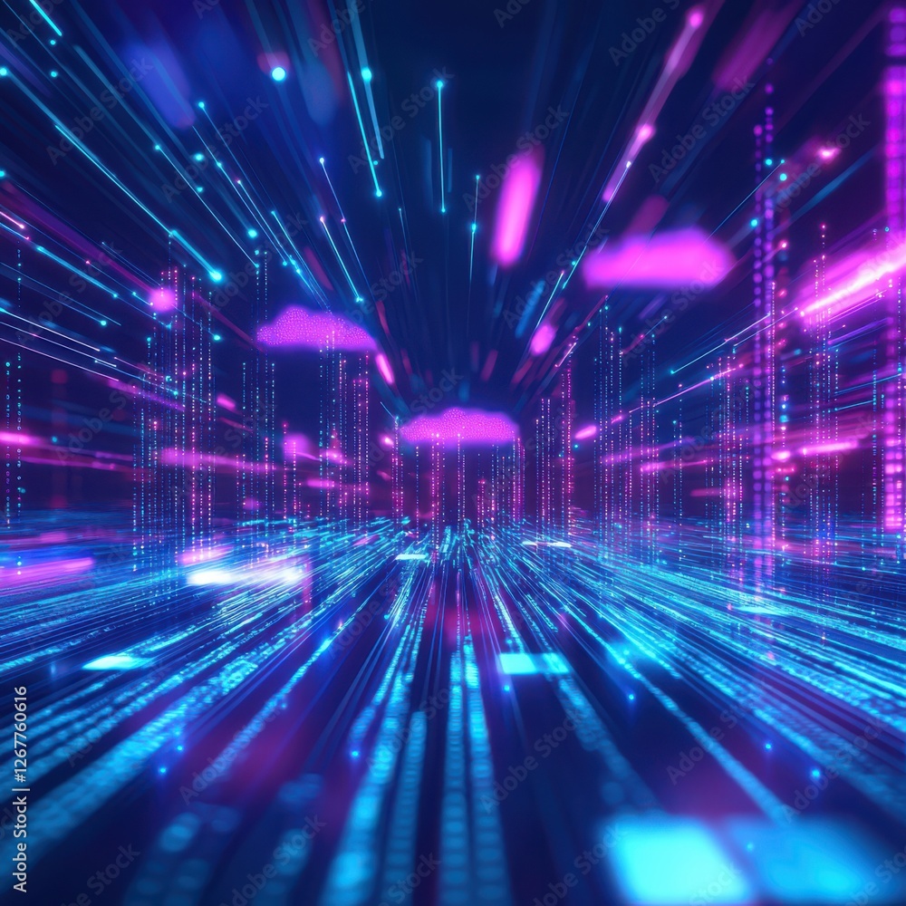 Poster a vibrant digital landscape with beams of light and abstract shapes, suggesting data flow and techno