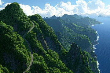 Fototapeta premium Curvy road up the mountain near the ocean with blue sky and white clouds view