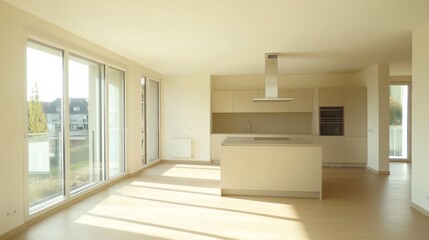 Fototapeta premium Bright and airy kitchen with large windows, pastel tones, and soft natural light, showcasing an unadorned creamcolored wall