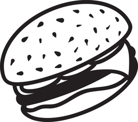 Black and white illustration depicting a hamburger featuring a sesame seed bun, juicy patty, melted cheese, and fresh vegetables, all set against a clean white background