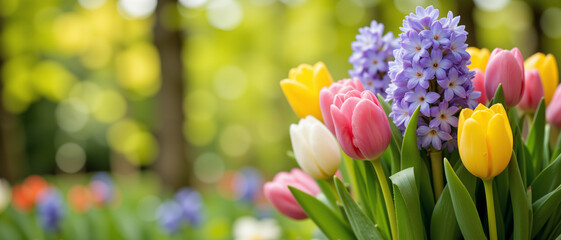 Vibrant bouquet of tulips and hyacinth flowers in a lush garden setting conveying a joyful and refreshing spring mood with soft bokeh background