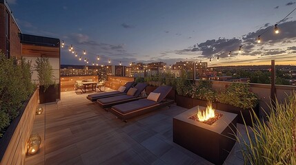 Fototapeta premium Twilight rooftop patio with lounge chairs, fire pit, and string lights.