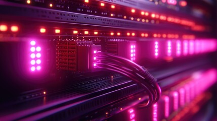 Pink-lit server rack connection, data center, networking