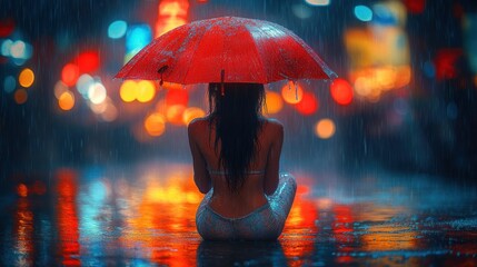 Woman under red umbrella in rainy city street at night