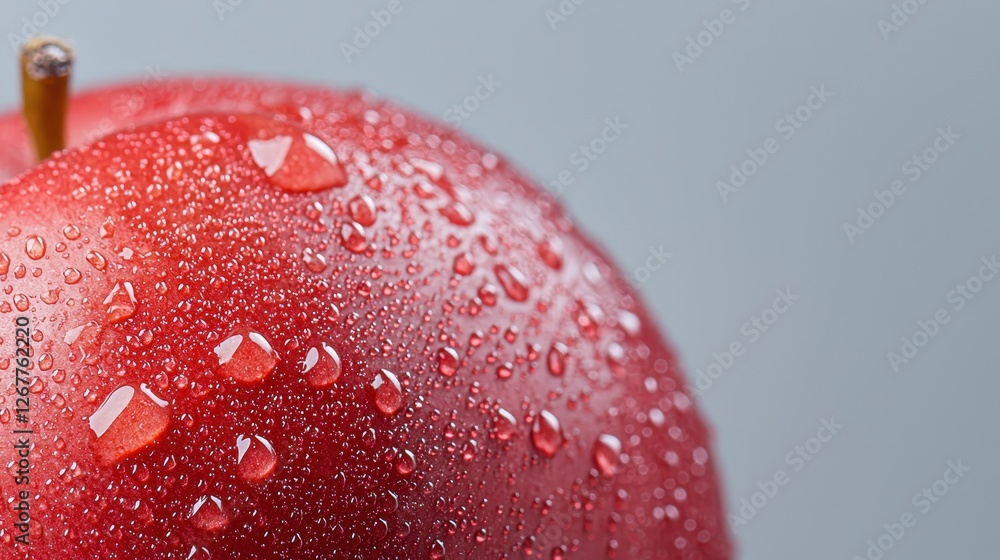 Poster close up of red apple with tiny droplets captured in high detail against a soft background